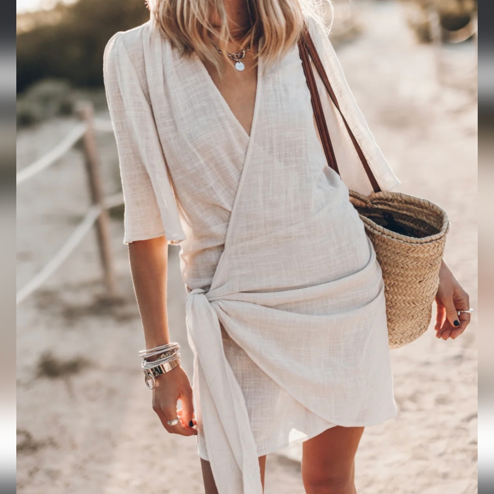 Women’s V-Neck Wrap Mini Dress in Light Beige
